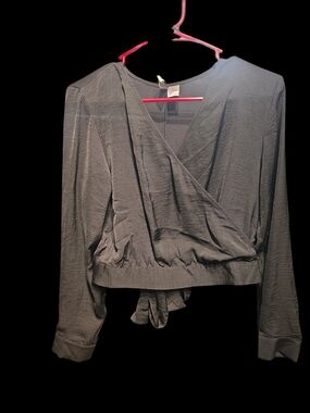 Black Wrap Blouse with V-Neck & Tie Back